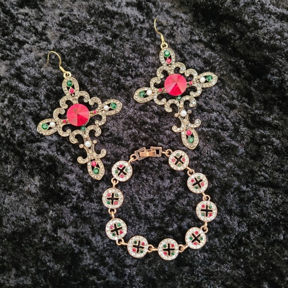 Cross Earrings + Bracelet Set Red Green Embellished Metal Jumbo Bold Crucifix